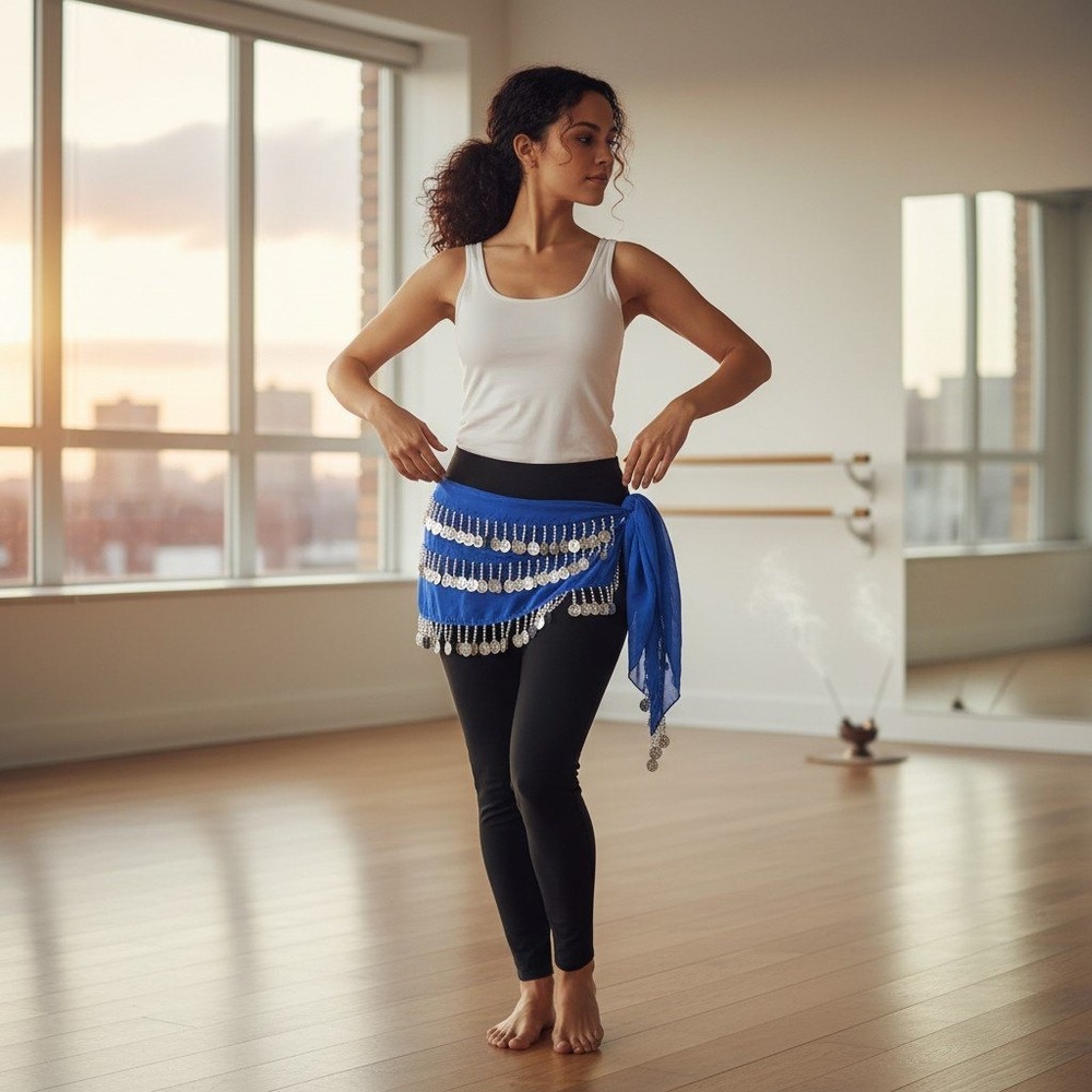 Belly Dance Hip Scarf OS Royal Blue Silver Coin Wrap Belt Chiffon